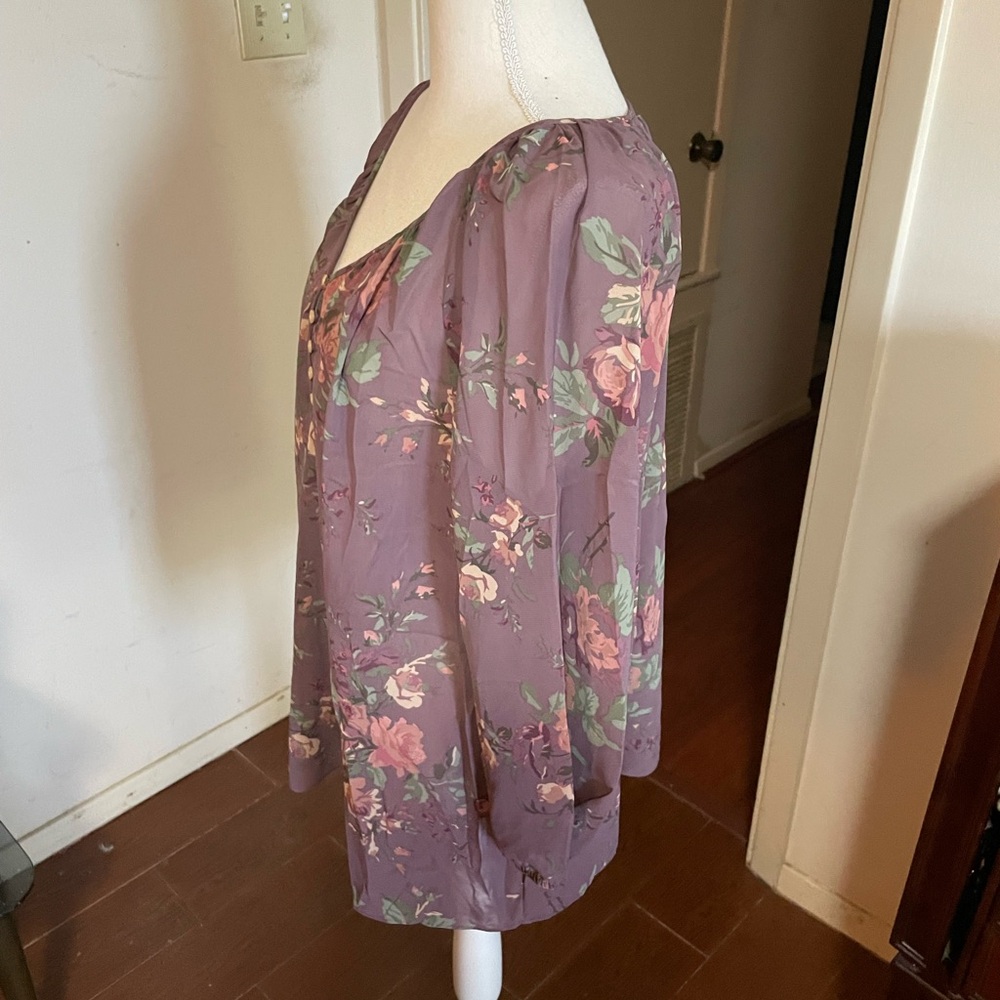 Chaps Ralph Lauren floral Blouse purple green cream sz 1X V Neck quarter sleeve - Picture 8 of 16